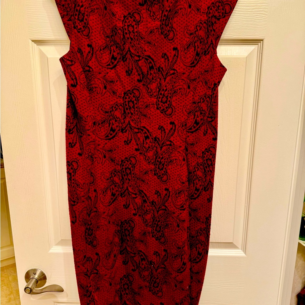 Size 10, and Ann Taylor dress more of a maroon color than red.